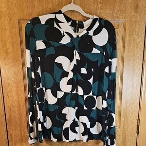 Liz Claiborne Black, White, and Teal Circle Pattern Blouse